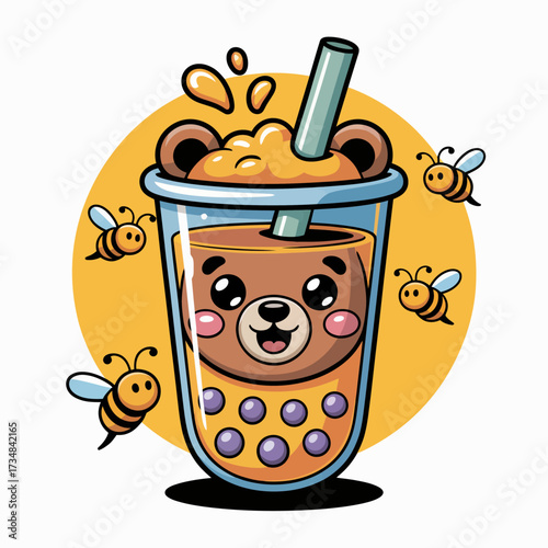 This playful illustration features a cute bear character enjoying a colorful drink with bubbles, surrounded by friendly bees, perfect for summer refreshment vibes.