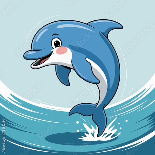 This vibrant illustration captures a joyful dolphin leaping gracefully through sparkling ocean waves, symbolizing freedom and the playful spirit of the sea.