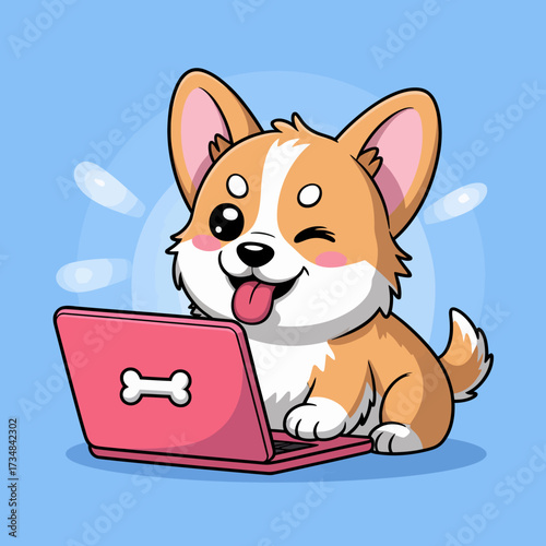 An adorable corgi with a playful expression sitting in front of a pink laptop, portraying a fun and whimsical approach to technology and pet companionship in a digital age.