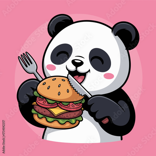 This playful illustration showcases a happy panda joyfully holding a giant hamburger, highlighting fun and love for food, making it an ideal image for food lovers.