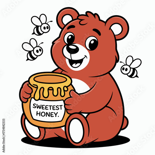 A cute bear joyfully holds a honey jar surrounded by buzzing bees, illustrating the sweetness of nature and friendship in this delightful, whimsical illustration.
