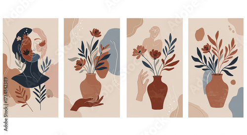 Discover a stunning collection of abstract boho wall art featuring modern minimalist botanical designs and serene female portraits in warm earthy tones, perfect for stylish home decor.