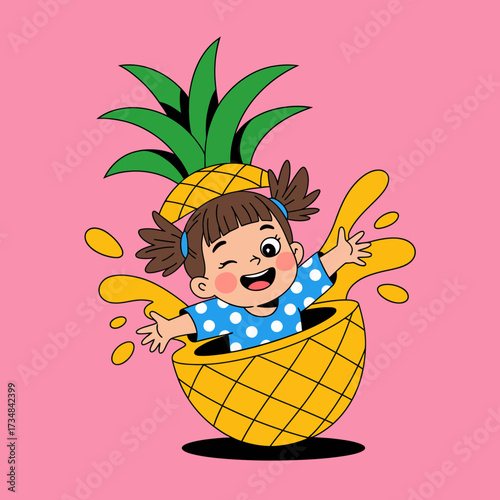 A cheerful girl emerges from a giant pineapple, playfully splashing juice, embodying a delightful summer vibe and whimsical joy against a vibrant pink background.