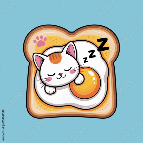 This whimsical illustration features a fluffy cat peacefully sleeping on a slice of toast with a fried egg, merging culinary delight with adorable pet charm.