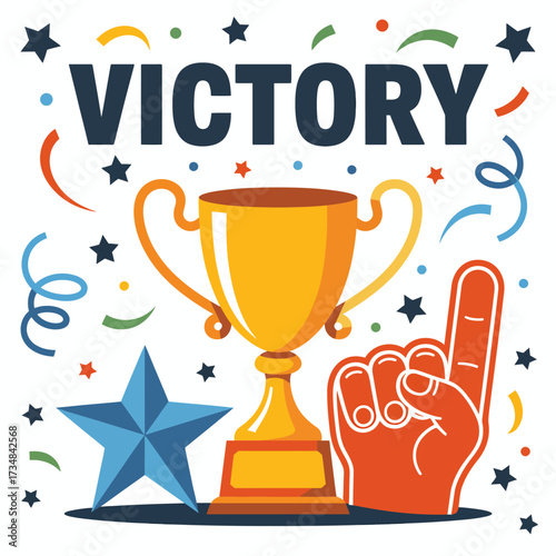 A vibrant and lively illustration showcasing a golden trophy symbolizing victory along with festive confetti and a fan finger demonstrating joy and celebration.