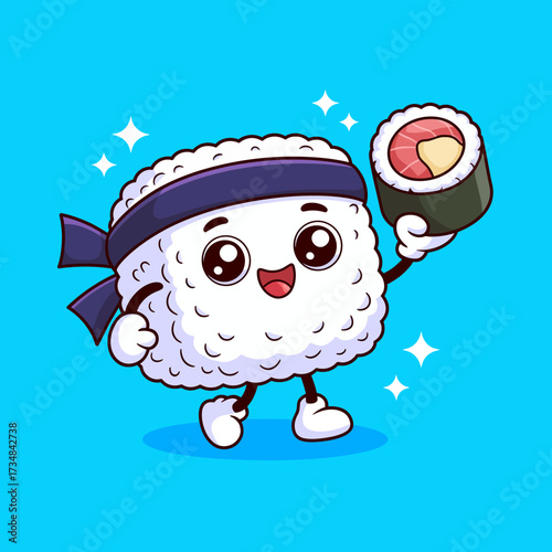 This charming sushi character, complete with a headband, joyfully holds a piece of sushi, representing culinary delight and playful food culture in a cute style.