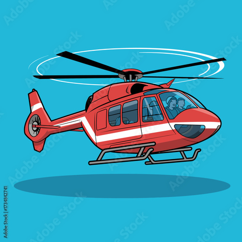 A bright red helicopter soars through a vivid blue sky, illustrating the thrill of flight and adventure, showcasing a sleek design and emphasizing the excitement of air travel.