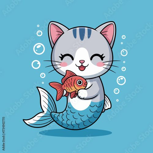 A cute cat with a mermaid tail happily holds a fish in a vibrant underwater setting, symbolizing joy, playfulness, and the imaginative blend of feline charm and fantasy.