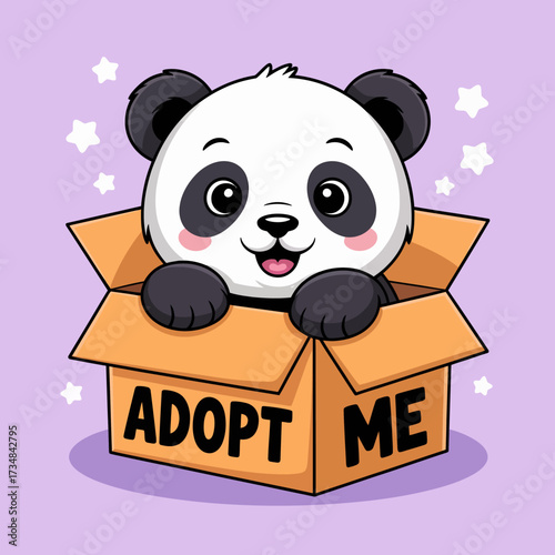 This endearing panda cub is peeking out of a cardboard box with a cheerful expression, inviting everyone to adopt and love it, showcasing innocence and charm.