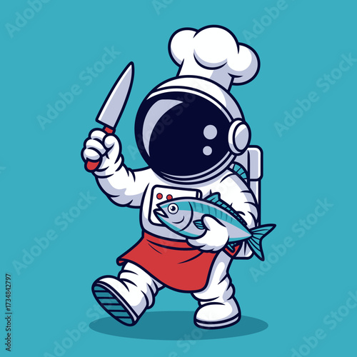 An astronaut dressed as a chef prepares fish, blending culinary art with the vastness of space, portraying a whimsical kitchen adventure in a cosmic environment.