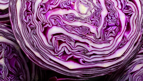Close Up Of Fresh Sliced Purple Cabbage Showing Intricate Patterns And Vivid Colors