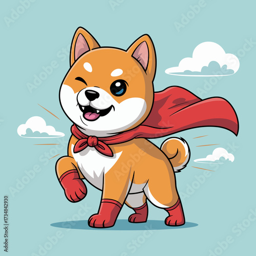 An adorable Shiba Inu puppy in a red superhero cape showcases bravery and cuteness, embodying the spirit of fun and adventure in a delightful cartoon style.
