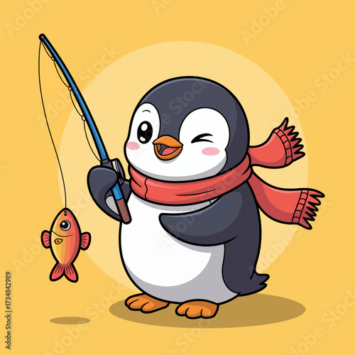 A cheerful penguin is fishing in the water, wearing a vibrant scarf and holding a fishing rod, displaying a playful and joyful atmosphere in this delightful illustration.