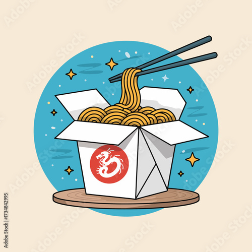 A tempting takeout box overflows with delicious noodles, embodying culinary delight captured in a colorful and artistic presentation on a beige background.