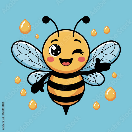 This charming cartoon bee winks while surrounded by glistening drops of honey, exuding a cheerful and friendly vibe perfect for children's products or nature themes.