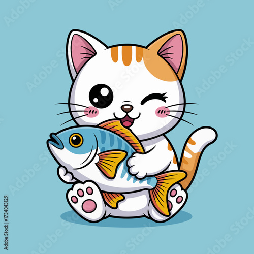 An adorable cat character is featured winking and holding a large fish, presenting a delightful blend of playfulness and satisfaction in a colorful and vibrant illustration.