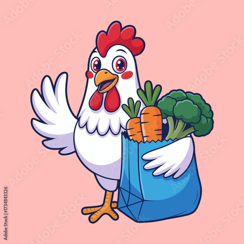 This delightful chicken character cheerfully holds a bag of fresh vegetables, promoting health and well-being in a vibrant, playful cartoon design.
