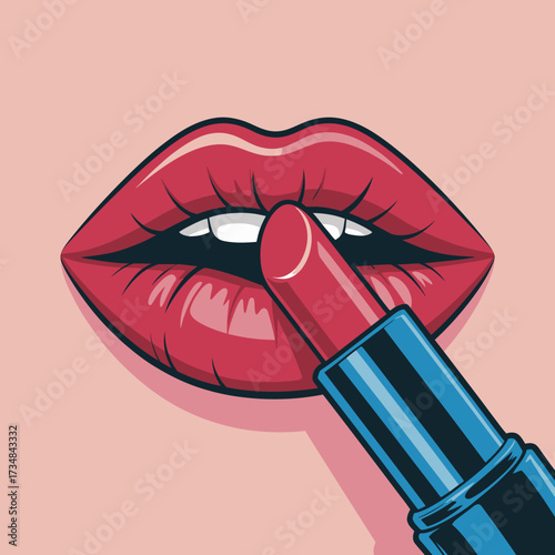 This stylish illustration captures the moment of applying bright lipstick to full lips, representing beauty, style, and self-expression in a captivating manner.