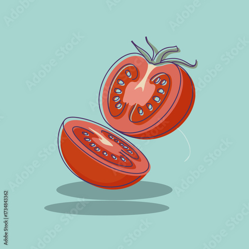 An appetizing image of a fresh tomato perfectly sliced in half, showcasing its vibrant color and juicy texture, representing freshness and healthy eating in a delightful culinary illustration.