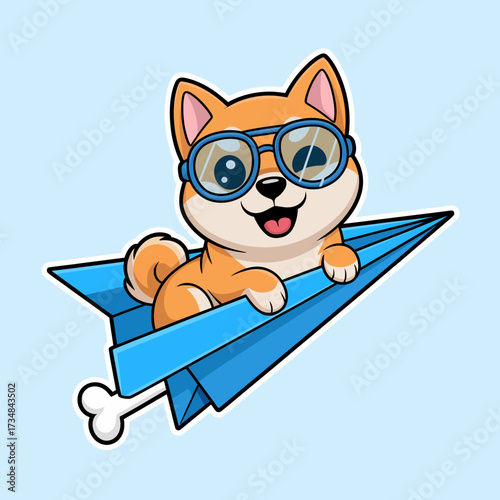 This cheerful Shiba Inu, equipped with stylish sunglasses, joyfully rides a blue paper airplane, capturing the essence of playfulness and adventure in a cartoon style.