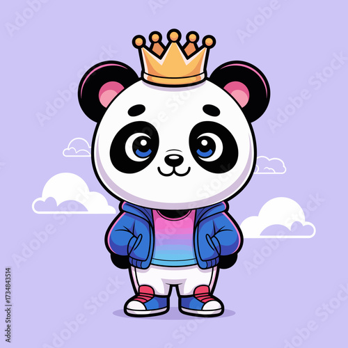 This cute panda character dons a crowned head and modern streetwear, blending royalty with a contemporary edge, showcasing a fusion of culture and urban style.