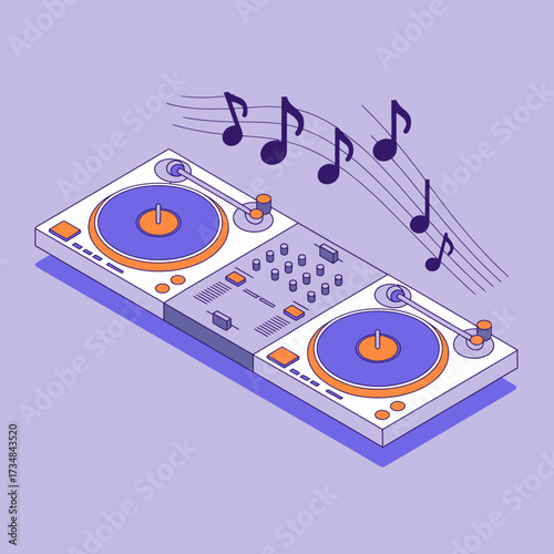 This modern illustration showcases a DJ controller with vibrant music notes floating above it, symbolizing the lively atmosphere of music and entertainment culture.