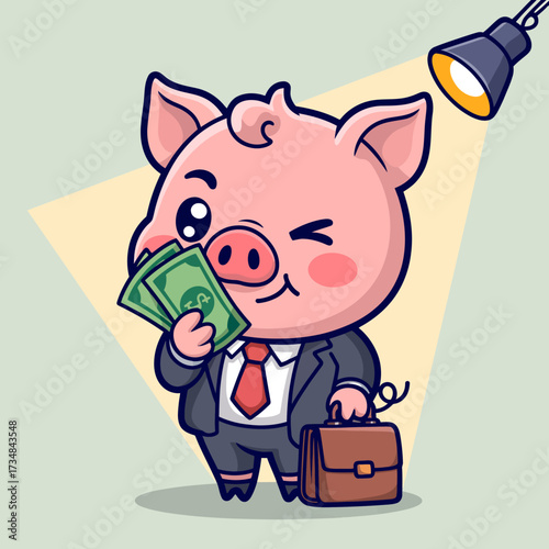 A cute pig dressed as a businessman, winking and holding cash, symbolizing success and humor in finance, ideal for playful and entrepreneurial themed designs.