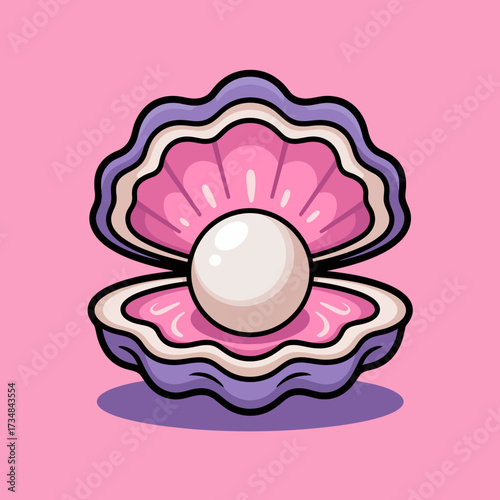 A stylish image of an open oyster revealing a lustrous pearl inside, set against a playful pink background, symbolizing beauty and treasure.
