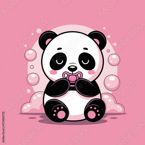 A charming panda character holding a pacifier while sitting amidst soft bubbles, perfectly symbolizing innocence and playfulness of childhood.
