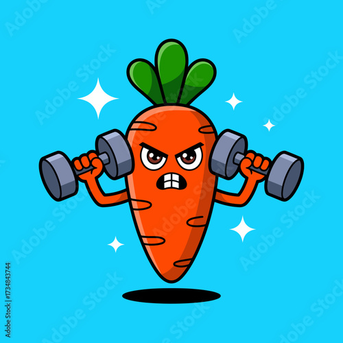 This playful cartoon carrot character, with a determined expression, showcases its strength by lifting dumbbells against a bright blue backdrop, promoting fitness and nutrition.