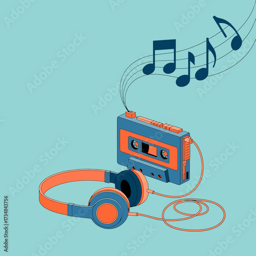 A nostalgic retro cassette tape paired with stylish headphones and music notes floating above, capturing the essence of classic music enjoyment and a love for vintage audio.
