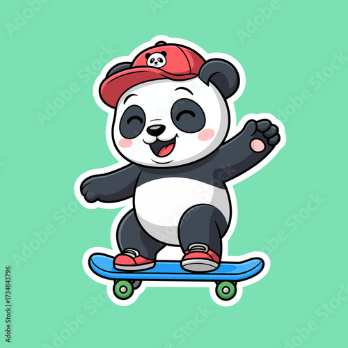 An adorable panda character joyfully skating on a bright skateboard, encapsulating fun, playfulness, and the spirit of adventure in a vibrant, cartoonish style.