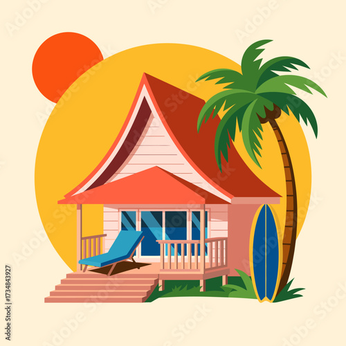 Photos A vibrant illustration of a sunny beach house complete with palm trees and a surfboard, encapsulating the essence of summer fun and relaxation by the sea