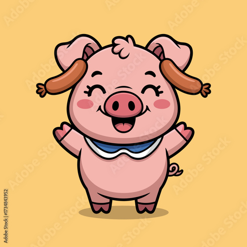 This cheerful pig illustration brings joy with its inviting smile and playful sausages as ear accessories, capturing the essence of fun and culinary delight.
