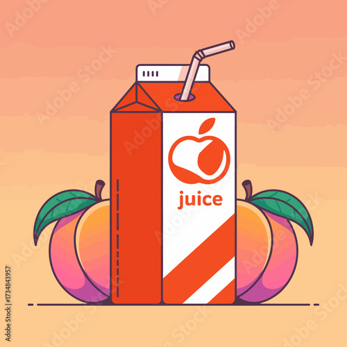 This fun and eye-catching image showcases a peach juice carton with a straw, beautifully accompanied by fresh peaches, emphasizing freshness and deliciousness in a playful design.