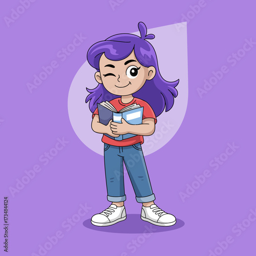 A cheerful girl with purple hair winks while holding a book, symbolizing joy in reading and imagination in a vibrant and playful style against a purple background.