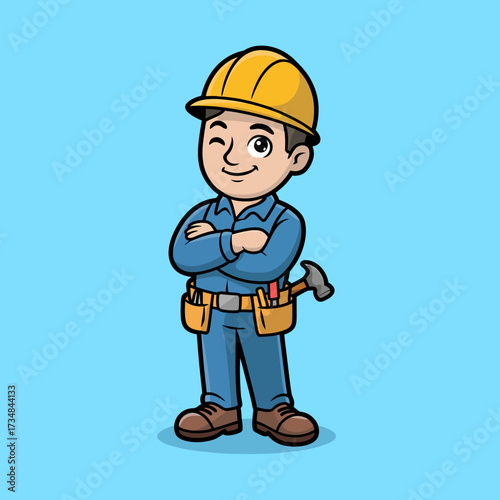 This cheerful illustration features a young builder in a hard hat, showcasing enthusiasm for construction work with tools at hand, perfect for emphasizing trades and craftsmanship.