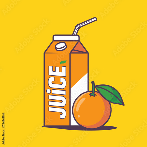 A vibrant illustration of an orange juice carton featuring a straw and a fresh orange, embodying the essence of health and freshness in a fun design.