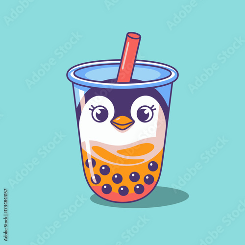 A whimsical cup with a penguin face, filled with colorful boba and a straw, exuding a fun and trendy vibe. This delightful illustration merges drink culture with cute animal imagery.