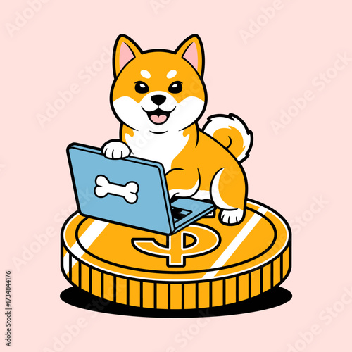 An adorable cartoon Shiba Inu dog happily working on a laptop while sitting atop a stack of golden coins, symbolizing modern digital entrepreneurship and playful spirit.