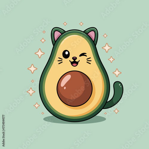 A delightful cat-shaped avocado with a playful wink, exuding charm and whimsy. This humorous design uniquely merges food and animals to create a cheerful illustration.