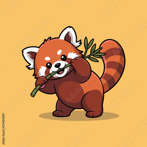 A cute red panda is happily munching on a bamboo stick with a joyful expression, highlighting its playful and carefree nature amidst a vibrant background.