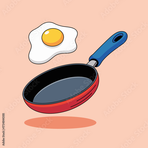 A lively image of a sunny-side-up egg cooking in a bright red frying pan, showcased against a soft peach background, offering a cheerful breakfast vibe.