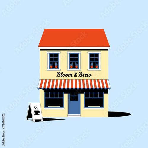 A bright and inviting illustration of a coffee shop named Bloom & Brew, featuring cheerful colors and a welcoming entrance that draws customers in for a warm cup.