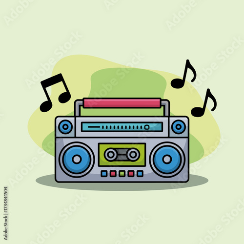 A colorful retro boombox emitting musical notes, set against a soft green background, capturing the essence of music, nostalgia, and fun.