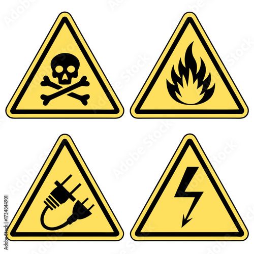 Cautionary yellow hazard signs for danger including electrical shock, fire, and poison warnings for safety and awareness in hazardous zones