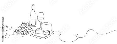 Continuous line of wine bottle and ingredients, wine glass, cheese, bunch of grapes. Hand drawn vector doodle art line. Editable stroke.