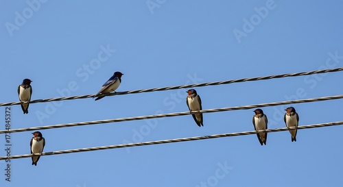 Birds perched on power lines against a bright blue sky background