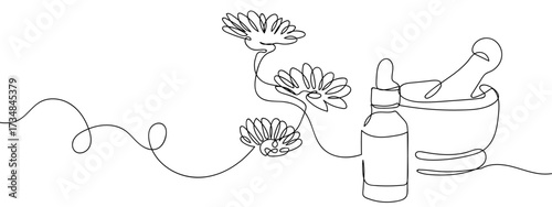 Continuous line of skincare serum and flowers. Hand drawn vector doodle art line. Editable stroke.
