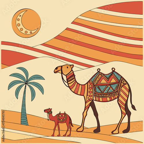 Two camels walking through a desert landscape with a palm tree and moon in a stylized illustration with warm colors and bold outlines